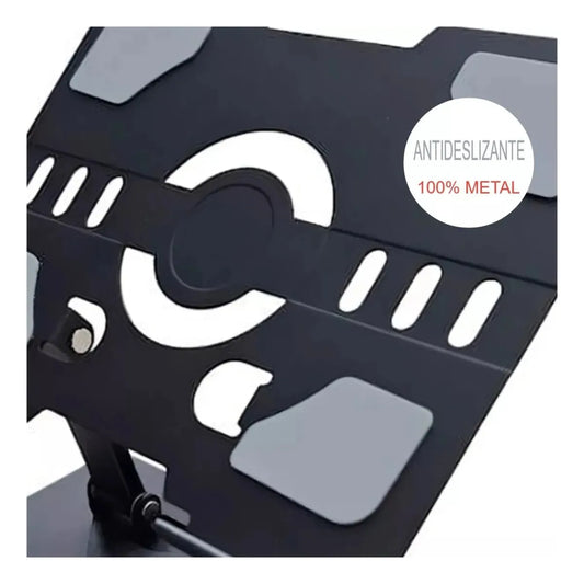 Detalle de base metálica negra con almohadillas antideslizantes grises y sello "Antideslizante 100% Metal"